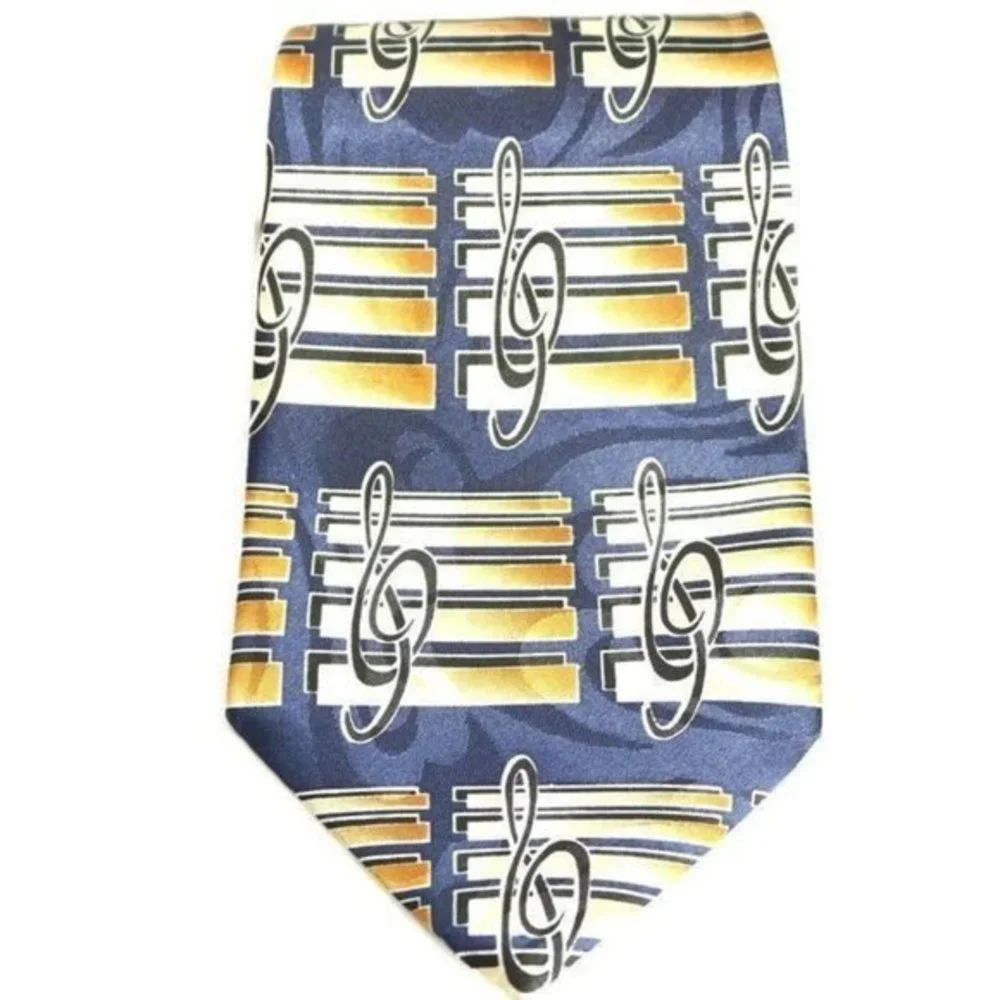 Steven Harris Tie Necktie Music Musical Notes Band Blue Tan‎ Gold Hand Made
